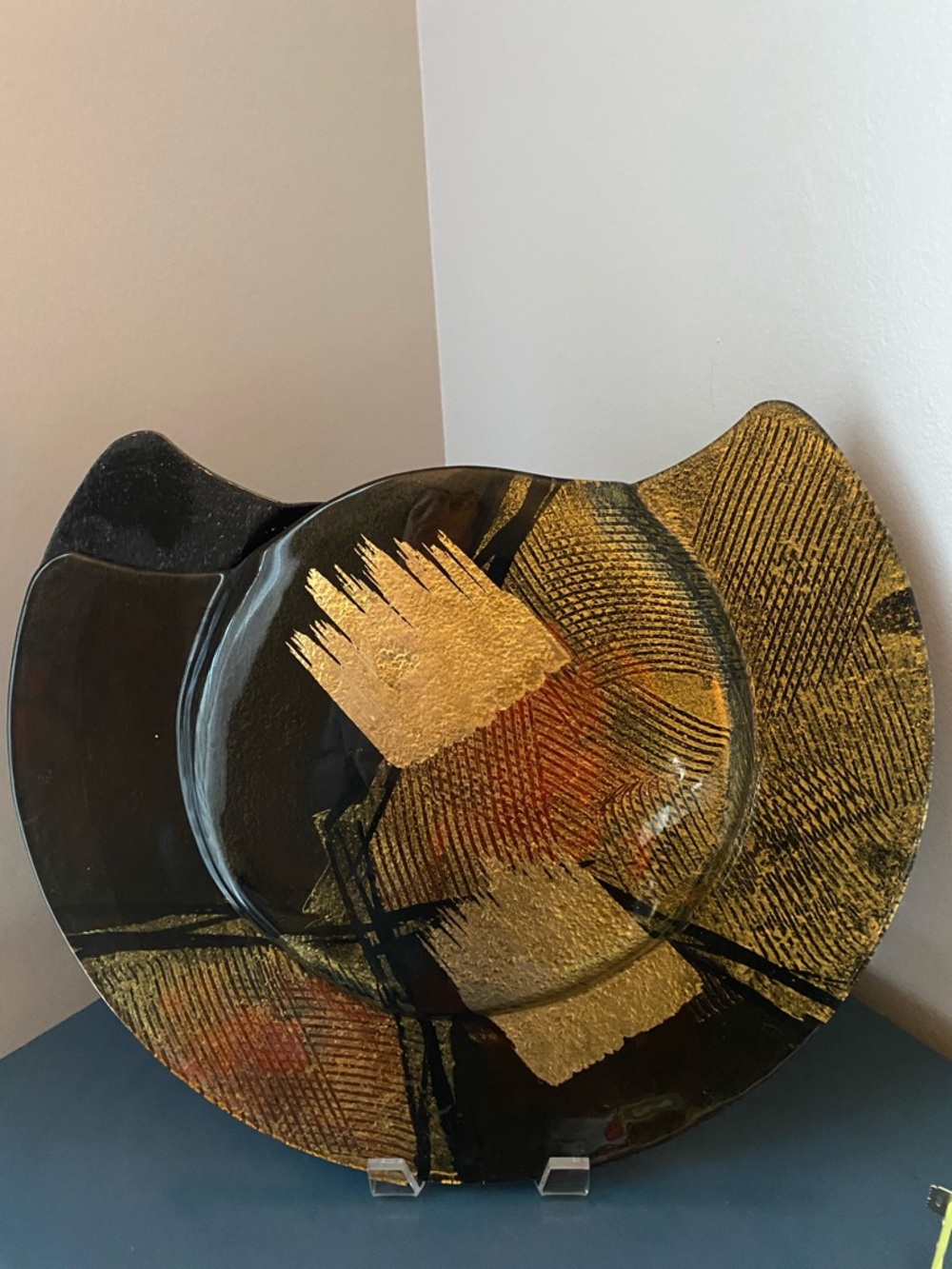 Jasmine’s Art Black Fused Glass Vase Plate with Gold Leaf Accents